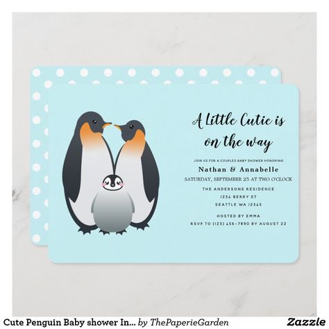 Cute Penguin Baby shower Invitation Penguin Baby Showers, Penguin Baby, Couples Baby Showers, Cute Penguin, Baby Penguins, Simple Invitation, Baby Shower Winter, New Baby Boys, Cute Penguins