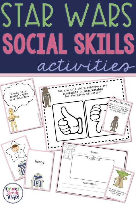 Social skills with a Star Wars theme!  Includes activities for commenting/asking questions, appropriate behaviors using context clues, emotions, and idioms. Counselling Resources, Kids Therapy, Life Skills Lessons, Social Emotional Activities, School Social Worker, Mental Health Activities, Space Camp, Counseling Lessons, Social Skills Activities