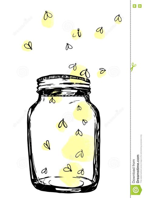 Jar With Fireflies. Hand-drawn Artistic Illustration For Design, Textile, Prints. Stock Vector - Illustration of illustration, design: 72880789 Firefly Jar Art, Jar With Fireflies Tattoo, Firefly Jar Drawing, Fireflies In A Jar Drawing, Fireflies Doodle, Jar Of Lightning Bugs Tattoo, How To Draw Fireflies, Ball Jar Tattoo, Tiny Firefly Tattoo