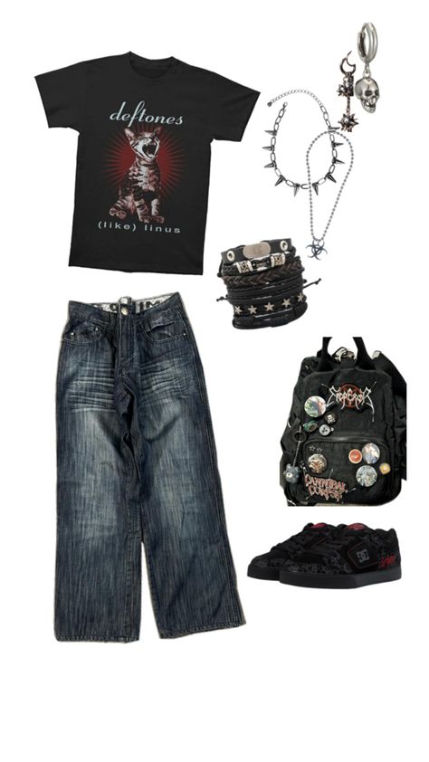 #numetal #dc #skater Cool Skater Outfits, Streetrace Aesthetic Outfits, Y2k Skater Outfits, Grunge Skater Outfits, Skater Aesthetic Outfits, Dark Grunge Outfits, 2000s Alt Fashion, Skater Clothing, Skater Clothes