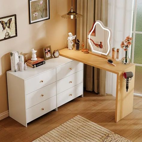 Wood Modern Corner Makeup Vanity Table,Gift for Girls and Women - Yellow - Bed Bath & Beyond - 40493390 Corner Makeup Vanity, Girls Dressing Table, Makeup Vanity Table, Mirrored Vanity Desk, Vanity Benches, Makeup Table Vanity, Wood Bedroom, Vanity Desk, Wood Vanity