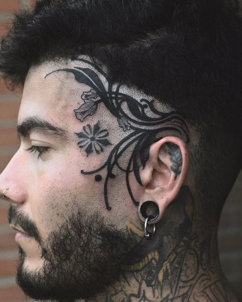 Face Tattoo Coverup, Side Head Tattoos For Women, Abstract Head Tattoo, Man Face Tattoo, Head Tattoos For Men, Side Of Head Tattoo, Head Tattoo Men, Face Tattoo Men, Under Chin Tattoo