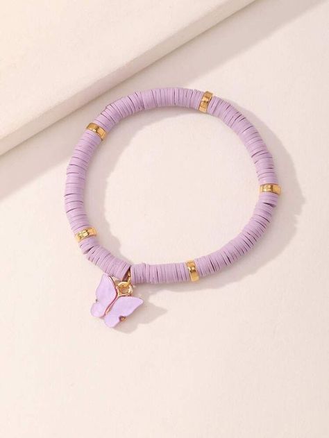 Braclets Ideas Beaded Purple, Clay Bracelets With Words, Purple Clay Beads Bracelet, Beaded Jewelry Clay Beads, Polymer Beads Necklace, Clay Bead Bracelet Ideas Aesthetic Purple, Clay Bracelet Ideas Purple, Charms For Bracelet, Polymer Clay Bead Jewelry