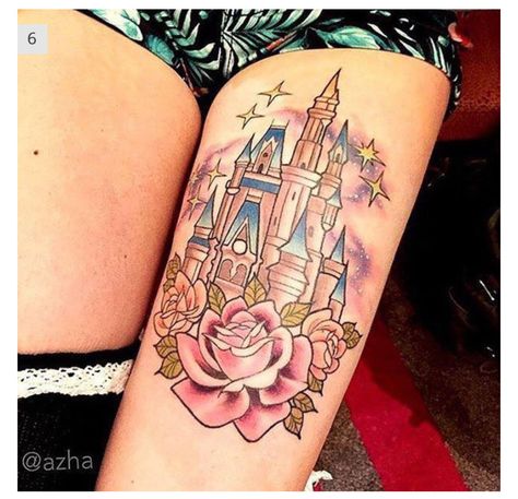 Beautiful Disney castle tattoo Disney Thigh Tattoo, Cinderella Tattoo, Disney Castle Tattoo, Castle Tattoo, Marvel Tattoos, Skeleton Hand Tattoo, Harry Potter Tattoos, Tattoo Feminina, Wolf Tattoos