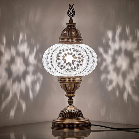 DEMMEX 6.5" Big Globe Turkish Moroccan Mosaic Table Lamp, Tiffany Style Glass Mosaics Exotic Oriental Mediterranean Bedside Lamp, LED Bulb Included for US/CA, Handmade, 14" Height, White Clear - Amazon.com Turkish Mosaic Lamp, Glass Mosaics, Turkish Lamps, Mosaic Lamp, Mosaic Pieces, Moroccan Mosaic, Handmade Mosaic, Mosaic Table, Tiffany Style