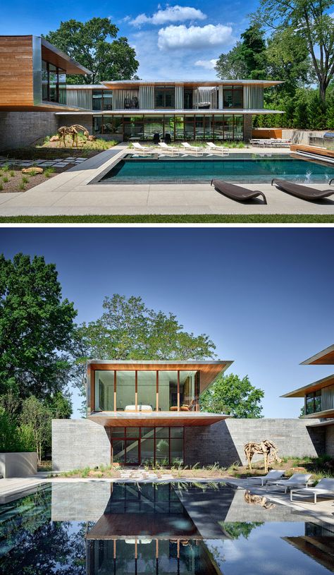 This modern house opens up to the backyard that has a swimming pool and outdoor kitchen. From this angle, you can also see the cantilevered guest suite, that's clad in cedar and aluminum. Photo by Michael Robinson (@mrobinsonphoto) #ModernHouse #SwimmingPool #Cantilever Modern House Names, Mountain Villas, Michael Robinson, New Modern House, Luxury Properties, Cooking Outdoors, Change Your Style, Outdoor Kitchen Ideas, Austin Homes