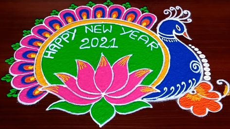 New Year Rangoli Design 2022, Tamil Selvi, New Year Rangoli Designs, New Year Rangoli, Peacock Rangoli, Circle Mehndi, Watch Diy, Rangoli Designs Latest, Happy New Year Design