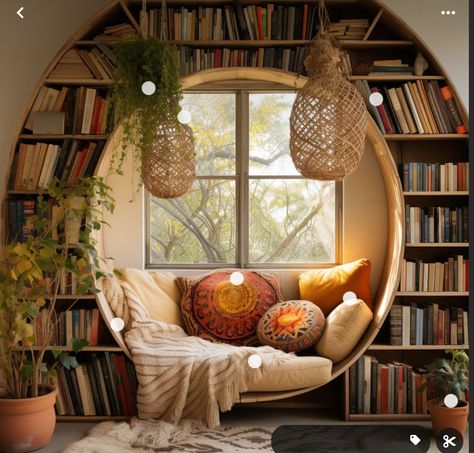 Reading Nook In Bookshelf, Wooden Theme Interior Design, Storybook Interior Design, Earthy Library, Whimsical Bookshelves, Boho Book Nook, Unique House Ideas, Bohemian Bookshelf, Boho Library