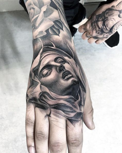 Greek Hand Tattoo, Realism Hand Tattoo, Mary Hand Tattoo, Bernini Tattoo, Virgin Mary Hand Tattoo, Angel Hand Tattoo, Lil B Tattoo, Japanese Cloud Tattoo, Hand Artwork