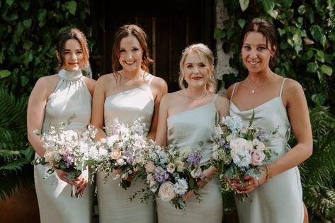 Green Bridesmaid Dresses Bouquet, Sage Green Dress With Flowers, Sage Green Wedding With Colorful Flowers, Pastel Bridesmaid Dress, Sage Green Bridesmaid Dresses Flowers, Pale Green Bridesmaid Dresses, Green Bridesmaid Dresses Colorful Flowers, Sage Green Bridesmaid Dresses With Wildflowers, Green Bridesmaid Dresses With Pink Flowers