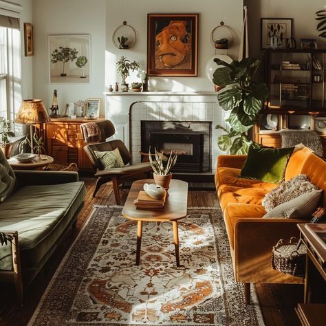 Mid Century Academia Living Room, Modern Apartment Styling, Modern Bold Interior Design, Midcentury Apartment Aesthetic, Vintage Modern Home Design, Anthro Home Style, Vintage Mid Century Living Room, Simple Vintage Living Room, Eclectic Craftsman Home