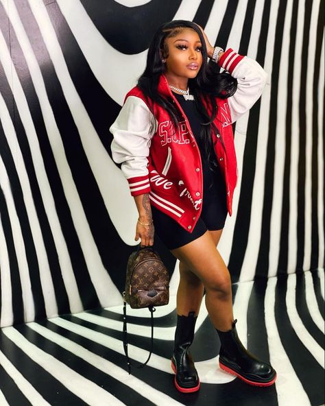 I A M P O S H on Instagram: “Good for his heart, bad for his pockets😈 Install | @_travelinshears Wig | @kendrasboutique 📸 @fern6ndez” Letterman Jacket Outfit, Varsity Jacket Outfit, Mini Tube Dress, Jacket Outfit, Autumn Outfits, Letterman Jacket, Red Midi Dress, Little White Dresses, Baseball Jacket