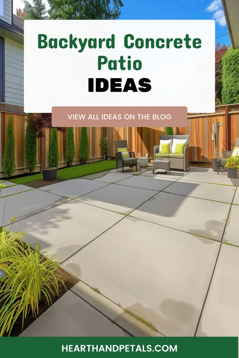 Stylish backyard with a concrete patio featuring a seating area with comfortable chairs and lush greenery, perfect for outdoor relaxation and entertainment. Backyard Landscaping Concrete Patio, Pavers And Brick Patio, Cement Patio Ideas Backyard Modern, Small Backyard Cement Patio Ideas, Tan Concrete Patio, Diy Backyard Ideas On A Budget Patio Seating Areas, Unique Concrete Patio Ideas, Backyard Concrete Designs, Back Patio Ideas On A Budget Concrete