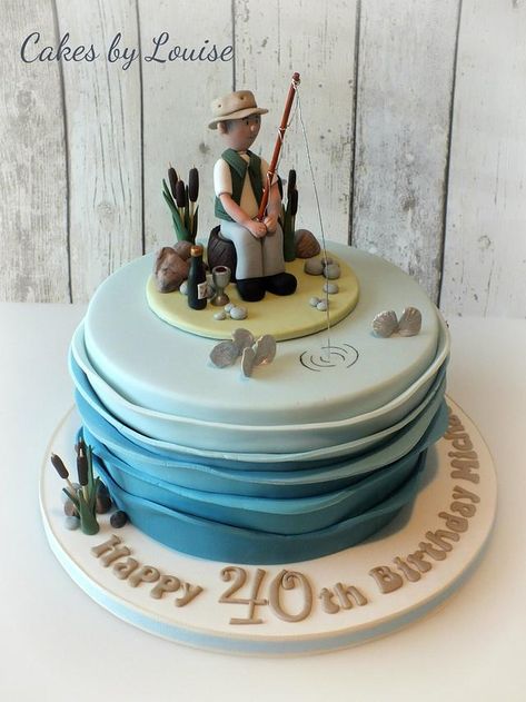 Made for a gentleman’s 40th who loves to go fishing and is very often caught with his bottle of red wine! :) Birthday Cake For Papa, Fishing Theme Cake, Fisherman Cake, Grandma Cake, Fish Cake Birthday, Boat Cake, 40th Birthday Cakes, Cake Logo, Fishing Birthday