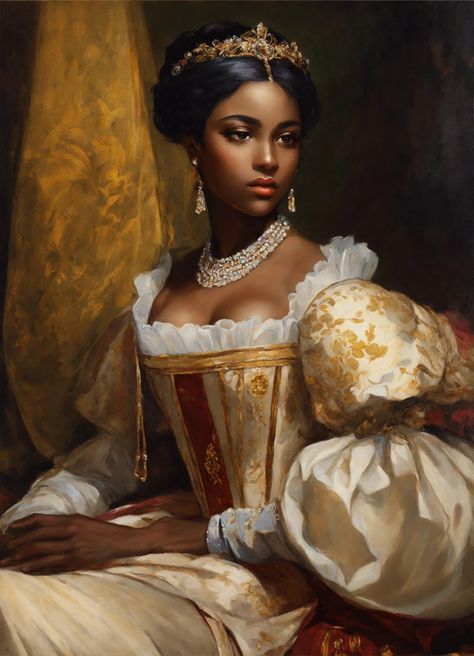 Black Victorian Women Art, 18th Century Photoshoot, Black Regency Aesthetic, Black Bridgerton Aesthetic, Black Aristocrats, Black Victorian Women, Black Queen Aesthetic, Black Queen Painting, Black Royalty Aesthetic