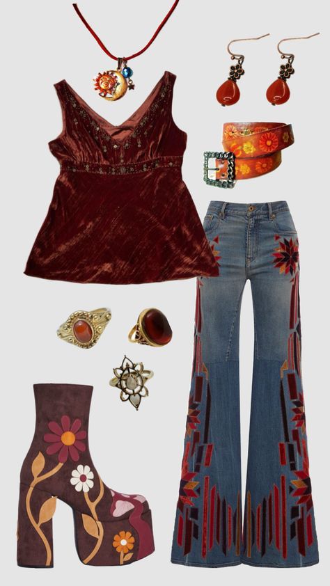 60's Party Outfit, 70s Western Outfits Women, 70s Folk Fashion, 70s Flower Power Outfit, 70s Outfit Inspo Women, Aesthetic 70s Outfit, 70 Grunge, 70s Aesthetic Outfits Women, 70s Christmas Outfit