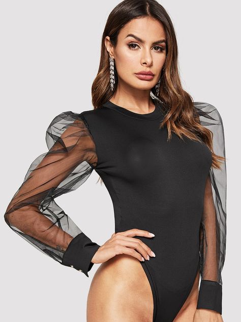 Solid Contrast Mesh Bodysuit -SHEIN(SHEINSIDE) Dance Class Outfit, Bridal Bodysuit, Suit Pin, Body Suit Outfits, Bodysuit Fashion, Mesh Bodysuit, Pullover Shirt, Womens Bodysuit, Black Bodysuit