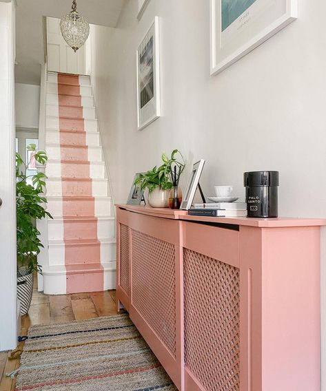 Pink Hallway Ideas, Stairway Carpet, Pink Hallway, Stairs Colours, Stair Spindles, Painted Staircases, Hallway Inspiration, Escalier Design, Hallway Designs