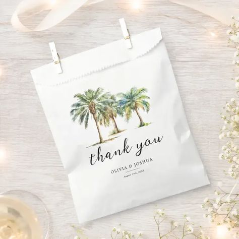 Summer destination wedding favor bags featuring tropical watercolor palm trees, the title 'thank you', the bride/groom names, and your wedding date. Wedding Favour Ideas, Destination Wedding Favors, Favour Ideas, Tropical Beach Wedding, Tropical Watercolor, Summer Destinations, Wedding Favor Bags, Tree Wedding, Tropical Palm