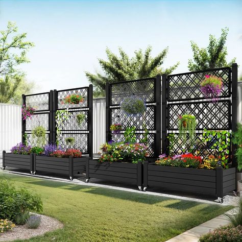 Latitude Run® Black Planter Box with Trellis and Lockable Wheels | Wayfair Large Planter Boxes, Planter Box With Trellis, Planter Window, Railing Planters, Garden Planter Boxes, Black Planters, Barrel Planter, Urn Planters, Window Planter Boxes