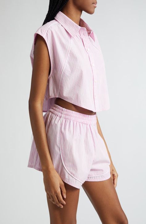 Alexander Wang Stripe Piped Sleeveless Crop Button-Up Shirt | Nordstrom Cropped Button Up Shirt, Boho Chique, Chic Chic, Square Logo, Cropped Shirt, Pj Sets, Crop Shirt, Pink Stripes, Sewing Inspiration