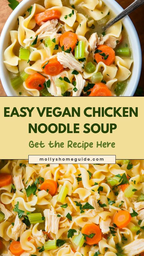 Indulge in a comforting bowl of vegan chicken noodle soup that's sure to warm you up on chilly days. This plant-based version is loaded with hearty vegetables, tender vegan chicken, and flavorful spices for a delicious and satisfying meal. Whether you're looking for a cozy weeknight dinner or a healthy lunch option, this homemade soup has got you covered. Treat yourself to a nourishing bowl of goodness with this easy-to-make vegan twist on the classic chicken noodle soup! Vegan Rotisserie Chicken, Vegetarian Chicken Noodle Soup, Vegan Chicken Noodle Soup, Classic Chicken Noodle Soup, Meatless Chicken, Soup Lovers, Vegetarian Chicken, Vegetarian Soup Recipes, Vegan Chicken