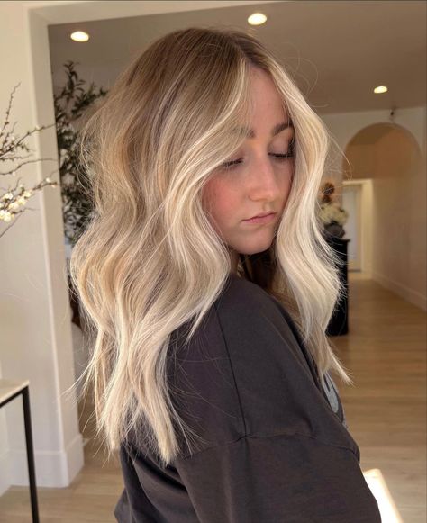 Long Blonde Hair With Balayage, Brown Hair And Blonde Balayage, Copenhagen Blonde Hair, Blonde Hair With A Root Tap, Partial Highlights With Root Smudge, Fall Blonde Hair Curtain Bangs, Low Lights With Money Piece Blonde Hair, Full Highlight Before And After, Rooty Blonde With Money Piece