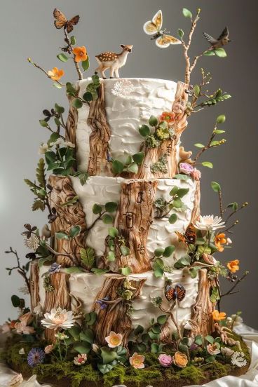 Shivering Dog, Wedding Cake Nature, Wedding Cake Forest, Woodland Wedding Cake, Cake Themes, Nature Cake, Geometric Cake, Nature Themed Wedding, Nature Party