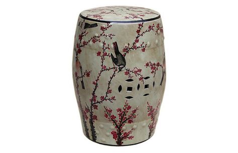 Magpie Cherry Garden Stool - Beige Interesting Furniture, Concrete Stool, Dark Victorian, Tree Aesthetic, Garden Stools, Ceramic Garden Stools, Chicago House, Ceramic Stool, Marble End Tables