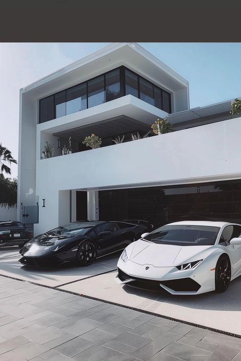 Immerse in unparalleled luxury with this architectural masterpiece. A gleaming white abode with striking geometric features and vast windows stands as a testament to modern elegance. Parked before it, two exquisite sports cars, including a lustrous black beauty, beckon the refined soul. Save and follow for more captivating visions of opulence. #LuxuryLifestyle #ModernArchitecture #SportsCars #DreamHome #AIimage Modern Luxury Home, Billionaire Lifestyle Luxury Living, Modernist Architecture, Dream Life House, House Arch Design, House With Porch, Luxury House Designs, Design Your Dream House, Dream House Exterior