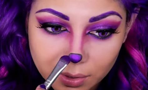 Makeup Look For Halloween, Cheshire Cat Makeup, Wonderland Photoshoot, Cheshire Cat Halloween, Cheshire Cat Costume, Cat Halloween Makeup, Purple Makeup Looks, Costume Closet, Disney Bounds