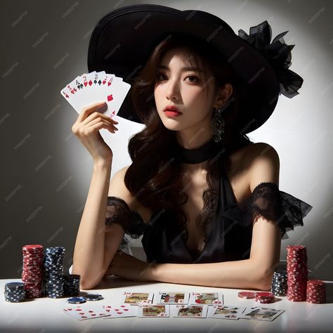 Premium Photo | A woman in a black hat is holding a card that says poker chips Poker Girl, Poker Chips, Black Hat, Premium Photo, A Black, Poker, Casino, Hold On, A Woman