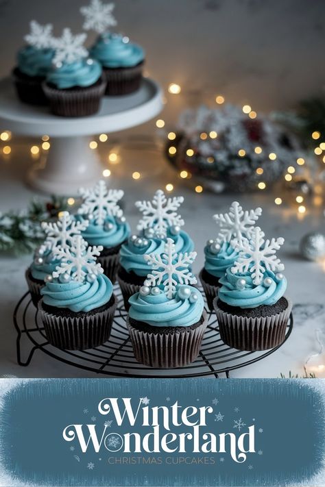 Winter Wonderland Chocolate Cupcakes with Snowflake Buttercream - Emma's Cake Studio Snow Themed Food Ideas, Polar Express Dessert Ideas, Winter Wonderland Food Table, Frozen Themed Cupcakes, Winter Onederland Party Food, Winter Wonderland Cupcakes, New Years Cupcakes, Snow Dessert, Frozen Theme Cupcakes