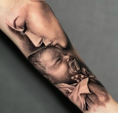 Son Portrait Tattoo Ideas, Tattoo Ideas Son And Mother, Daughter Portrait Tattoo Ideas, Tattoo For My Two Sons, Mama And Son Tattoo, Girlfriend Portrait Tattoo, Wife And Son Tattoo For Men, Baby Boy Tattoo Ideas For Mom, Tattoos For Newborn Son