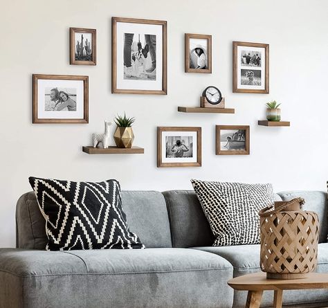 Wood Picture Frame Wall, Decorating A Big Wall In Living Room, Wood Gallery Wall, Boujee Apartment, Above Couch Decor, Picture Wall Living Room, Family Room Wall Decor, Photowall Ideas, Gallery Wall Frame Set