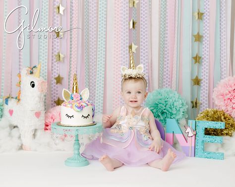 Unicorn Theme Cake, Unicorn Cake Smash, Aaliyah Birthday, Smash Cake Girl, 1st Birthday Photoshoot, Unicorn Birthday Cake, Baby's First Birthday, Pink Backdrop, Cake Smash Photography