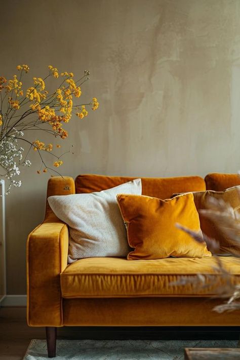 Warm Yellow &amp; Brown Living Room Decor Tips Taupe And Yellow Living Room, Amber Couch Living Rooms, Yellow Velvet Sofa Living Room Ideas, Cozy Yellow Living Room, Yellow Brown Living Room, Yellow And Brown Living Room, Mustard Yellow Color Combinations, Brown Living Room Decorating Ideas, Velvet Sofa Living Room