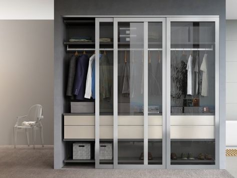 Sliding Door Room Dividers, Glass Pocket Doors, Contemporary Closet, Glass Closet, Custom Closet Design, Reach In Closet, Room Divider Doors, Modern Closet, California Closets