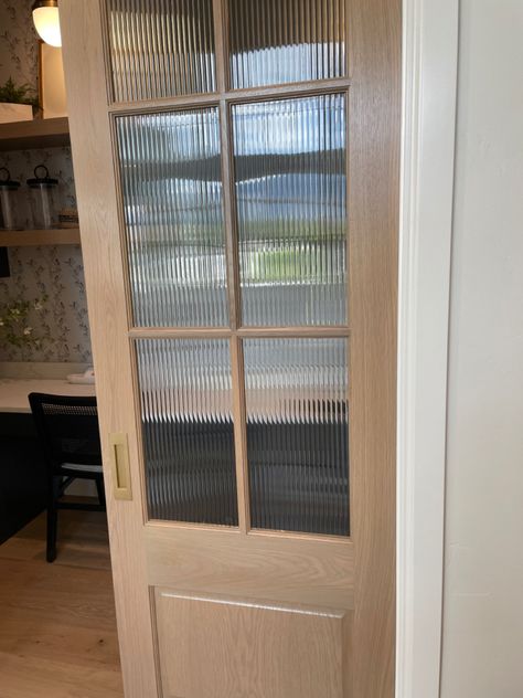 Wood Pocket Door Pantry, Wood Pocket Doors Interior, White Oak Pocket Doors, Cane Interior Door, Reeded Pantry Door, Wood And Glass Pocket Door, Oak Pocket Doors, Pocket Door Butlers Pantry, Pocket Door With Glass Panels