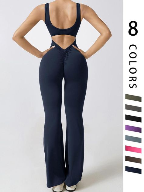 Women's Plain Cut Out Sports Jumpsuit, Sporty Square Neck Ruched Flare Leg Jumpsuit, Sports Fitness Jumpsuit for Women, Ladies Sportswear, Gym Clothes, Back To School Outfits, Ladies Clothes Clothes Back To School, Fitness Jumpsuit, Outfits Ladies, Sports Jumpsuit, Flare Leg Jumpsuit, Xmas 2024, Stylish Jumpsuit, Jumpsuit For Women, Tiktok Shop