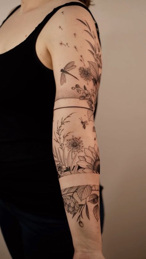 Vlada - tattoo-artist & just a human being✨ on Instagram: "Such a lovely half-sleeve for a guest from Germany! Thank you for your trust 🙏🏻 #flowertattoo #beetattoo" Feminine Mandala, Natur Tattoo Arm, Tattoo Tiger, Free Hand Tattoo, Water Tattoo, Wildflower Tattoo, Tattoos For Women Half Sleeve, Upper Arm Tattoos, Floral Tattoo Sleeve