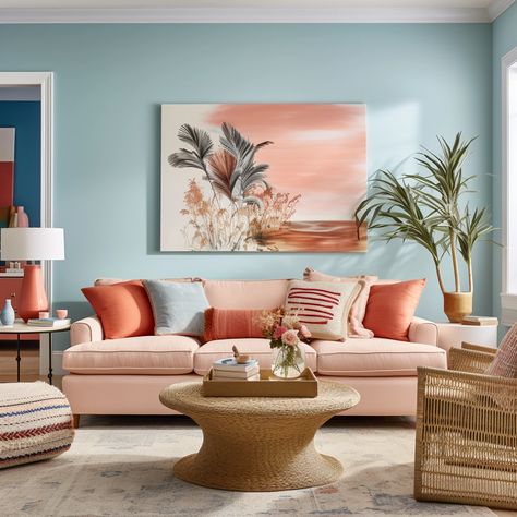 living room with light blue walls and coral decor Coral Living Room Walls, Blue Living Room Paint Colors, Light Blue Walls Living Room, Light Blue Living Room Walls, Blue Living Room Paint, Blue Paint Living Room, Blue And Orange Living Room, Bedroom Layouts For Small Rooms, Coral Living Rooms