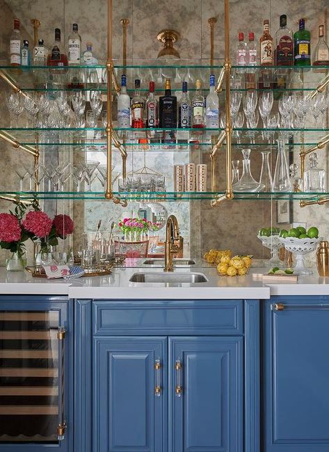 Glass and Brass French Wet Bar Shelves on Antiqued Mirrored Backsplash - Transitional - Dining Room Backsplash Coffee Bar, Mirror Backsplash Bar, Glass Bar Shelves, Antique Mirror Backsplash, Mirrored Backsplash, Brass Shelving, Home Wet Bar, Home Bar Areas, Home Bar Rooms