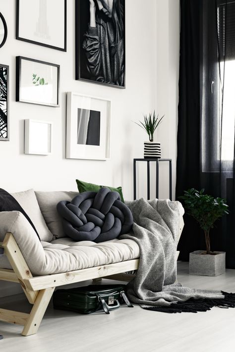 black and white living room that is modern but cozy Modern Living Room Scandinavian, Kourtney Kardashian Travis Barker, Kourtney Kardashian Travis, Gothic Home Decor Ideas, Gothic Style Home, Gothic Living Room, Black Painted Walls, Room Scandinavian, Wednesday Adams