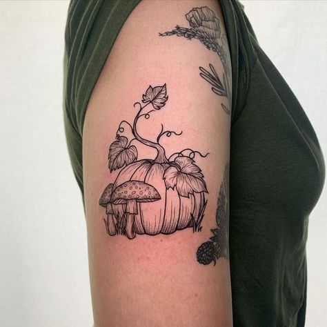 Pumpkin Plant Tattoo, Owl And Pumpkin Tattoo, Pumpkin Ghost Tattoo, Pumpkin Knee Tattoo, Fall Mushroom Tattoo, Fall Nature Tattoo, Pumpkin Mushroom Tattoo, Fall Scene Tattoo, Pumpkin Flash Tattoo