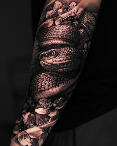 Python Tattoo Arm, Tattoo Snake Sleeve, Snake Sleeve Tattoos For Women, Viper Snake Aesthetic, Snake Tattoo Sleeve Men, Snake Leg Sleeve Tattoo, Snake Arm Tattoo For Men, Sneak Tattoo Design, Serpent Tattoo Men