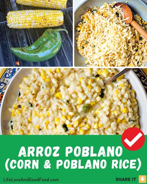 Poblano Rice Casserole, Canned Poblano Pepper Recipes, Pablano Pepper Side Dish, Poblano Pepper Side Dish, Corn And Poblano Casserole, Poblano Creamed Corn, Rice With Poblanos And Corn, Creamy Poblano Rice, Poblano Rice