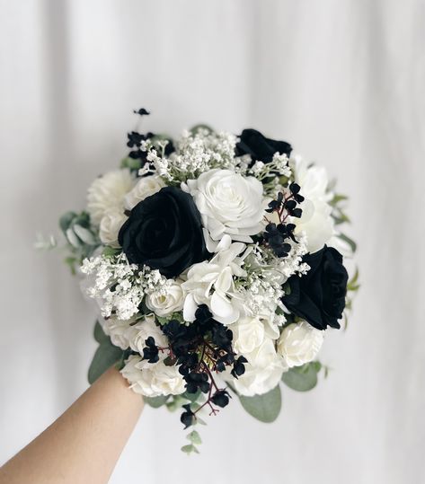 Black and White Bridal Bouquet, Black Bouquets, Black Bridal Bouquet, Black Fake Bouquet, Black - Etsy All Black Wedding Bouquet, White Black Bouquet, White And Black Bouquet Wedding, Green Black And White Bouquet, Bouquet For Black Wedding Dress, Black And Silver Flower Bouquet, Black White And Blush Bouquet, Black And White Prom Bouquets, Black White And Silver Bouquet