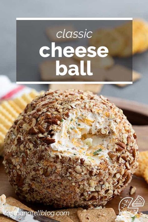 A classic appetizer that is perfect for a party, this Cheese Ball Recipe is the only one you’ll need! Filled with cheese and spices and coated in pecans, it is always a crowd favorite. #recipe #appetizer #cheeseball Bbq Grape Jelly Meatballs, Cheese Ball Recipes Easy, Taste And Tell, Cream Cheese Ball, Cheese Ball Recipe, Ball Recipes, Classic Appetizers, Thanksgiving Cookies, Cheese Ball Recipes