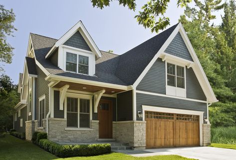 Cedar Shingle Siding, Blue Siding, James Hardie Siding, Grey Siding, Hardie Siding, Wood Garage Doors, James Hardie, Shingle Siding, Grey Houses